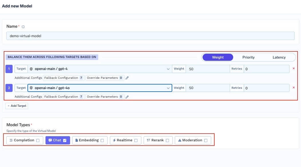 Configure virtual model details, routing strategy, and target models