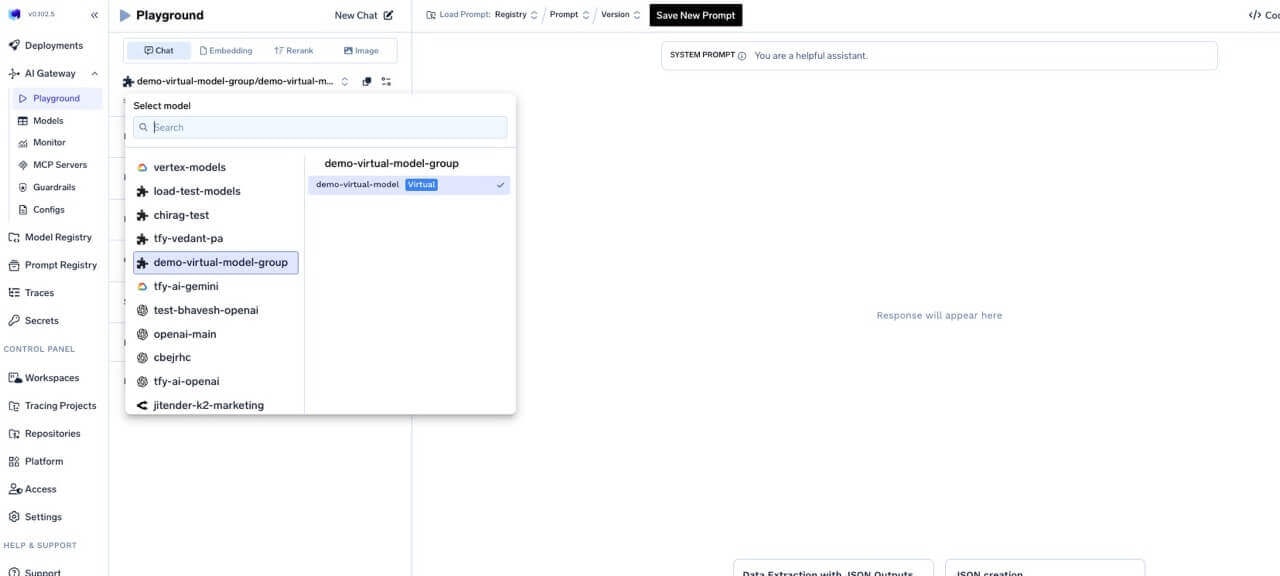 Select virtual model from model dropdown in playground