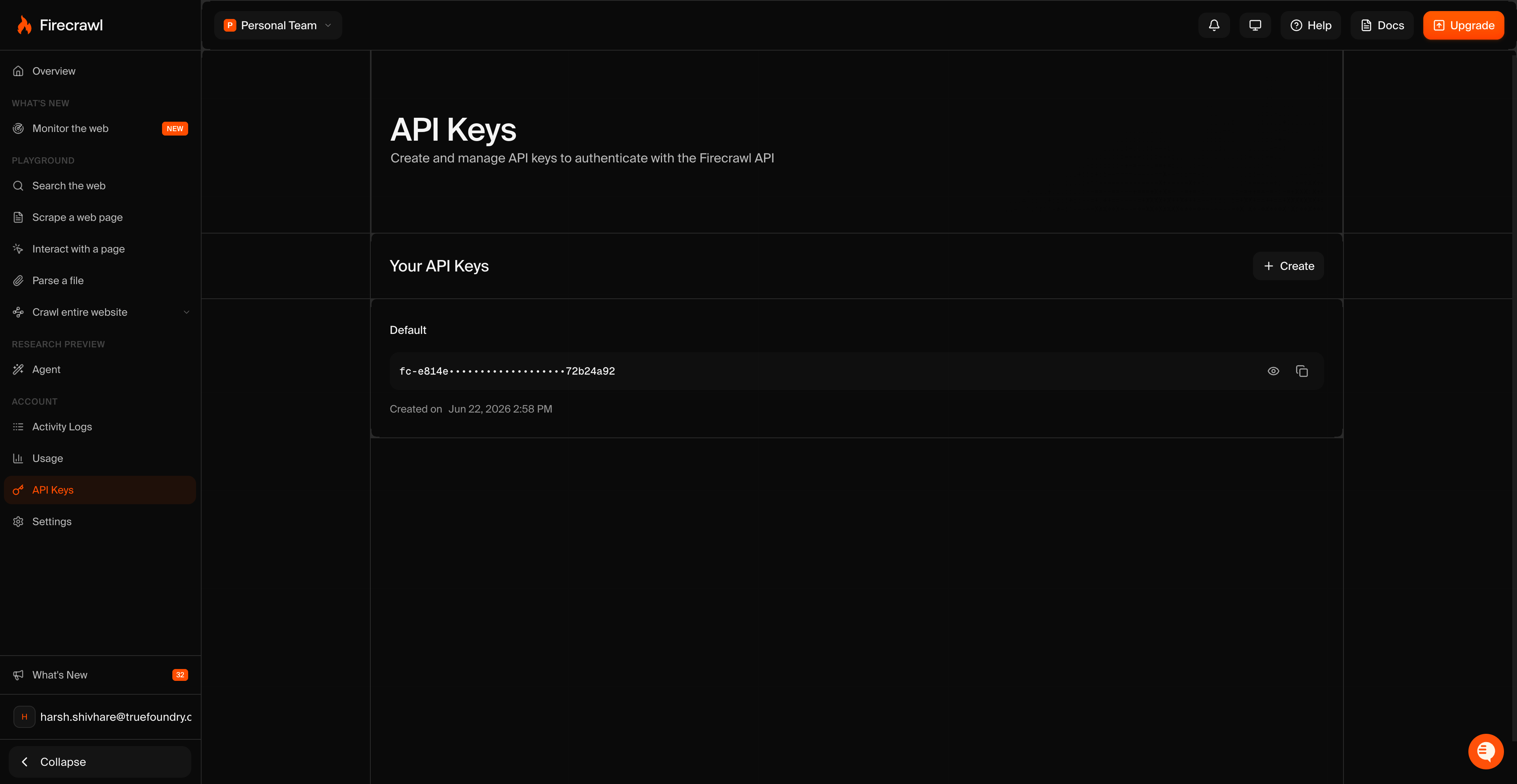 Firecrawl dashboard API Keys page showing the default fc- key and the Create button
