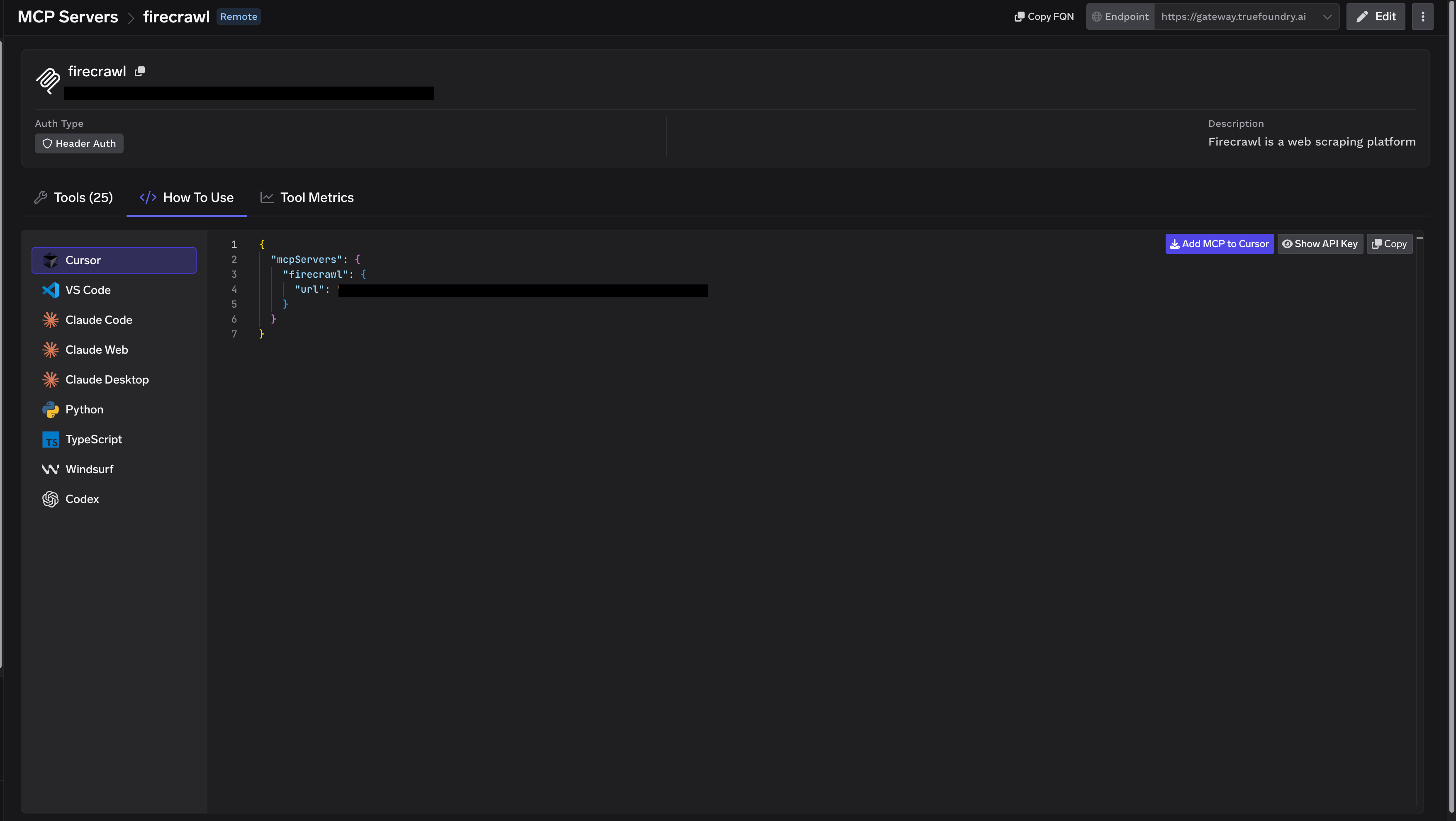 Firecrawl How To Use tab showing connection commands for multiple MCP clients