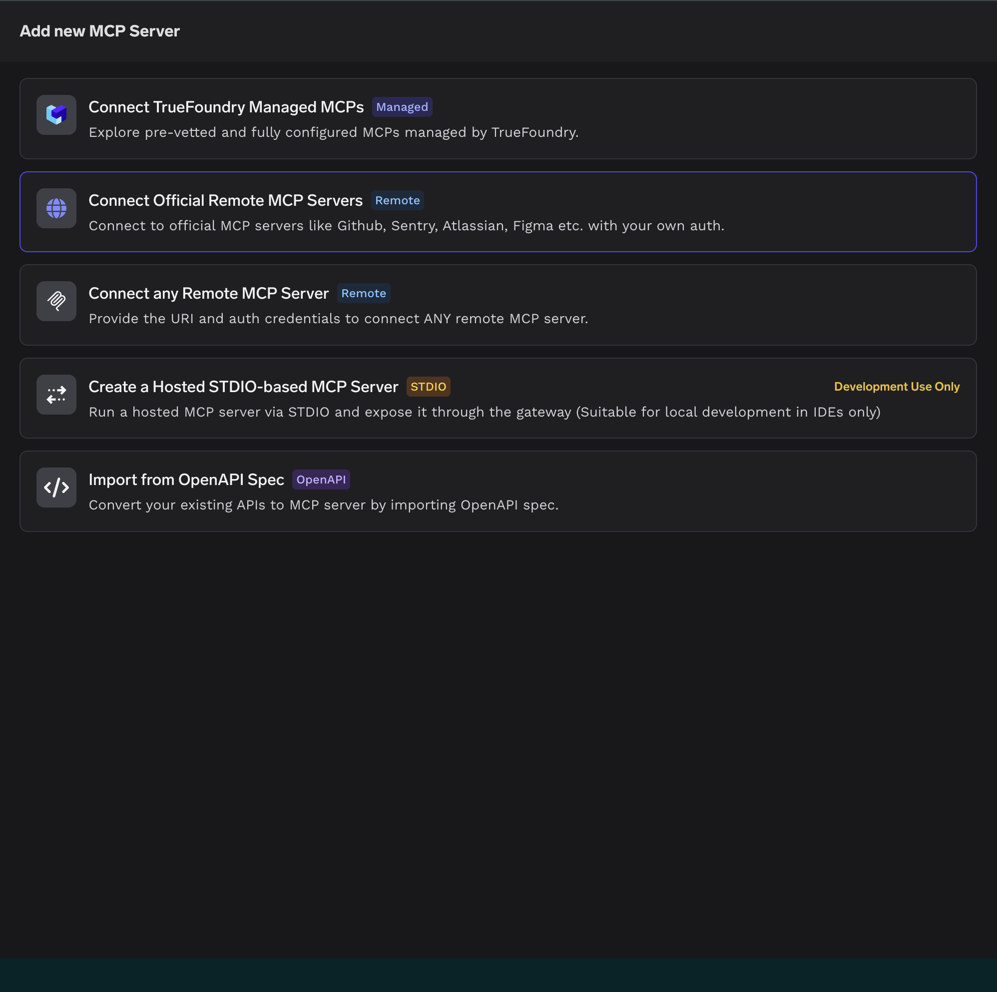 Add new MCP Server picker with the Connect Official Remote MCP Servers option highlighted