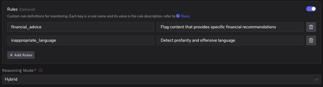 Rules configuration with custom rule definitions and reasoning mode selector set to Hybrid