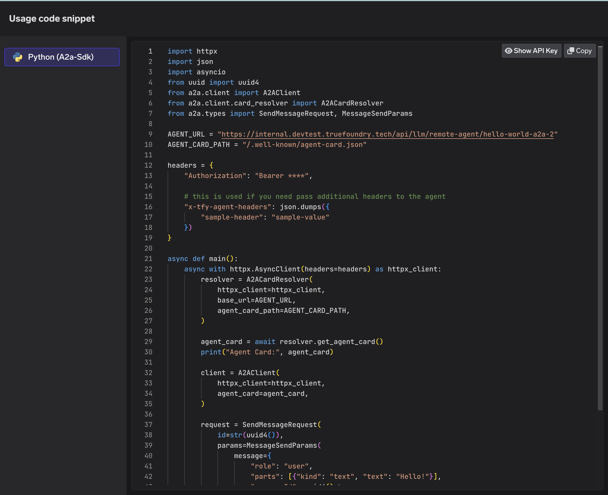 Python code snippet using A2A SDK to invoke a registered remote agent