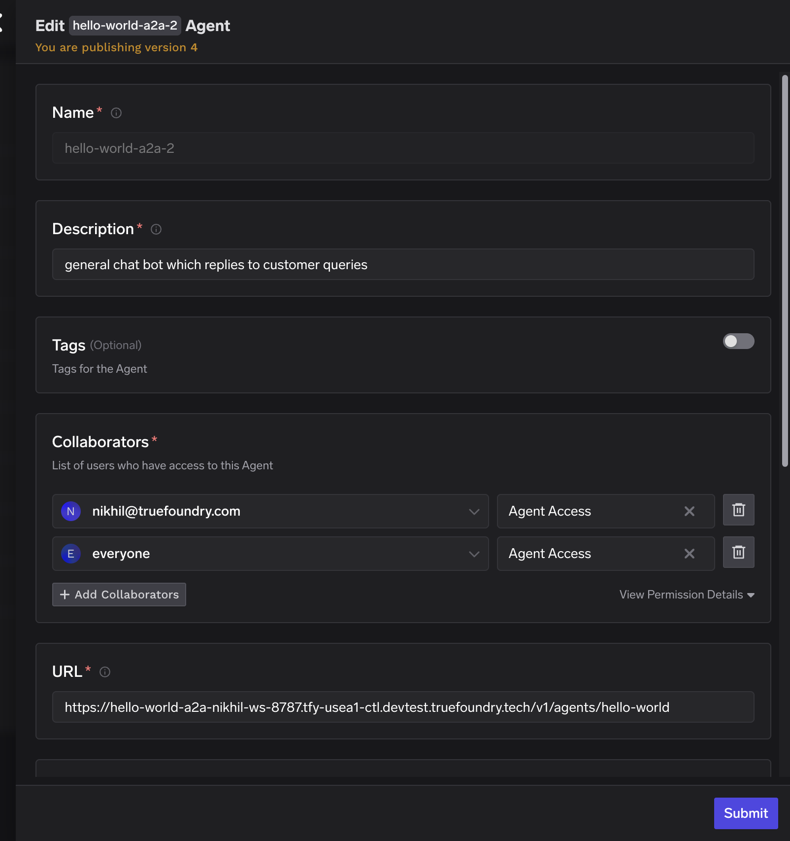 Remote agent registration form showing name, description, collaborators, and endpoint URL