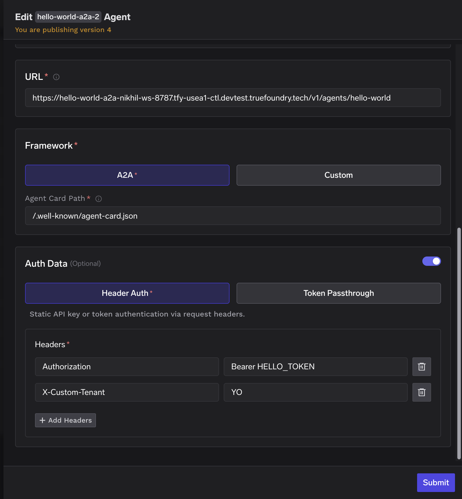 Remote agent registration form showing framework, agent card path, and authentication options