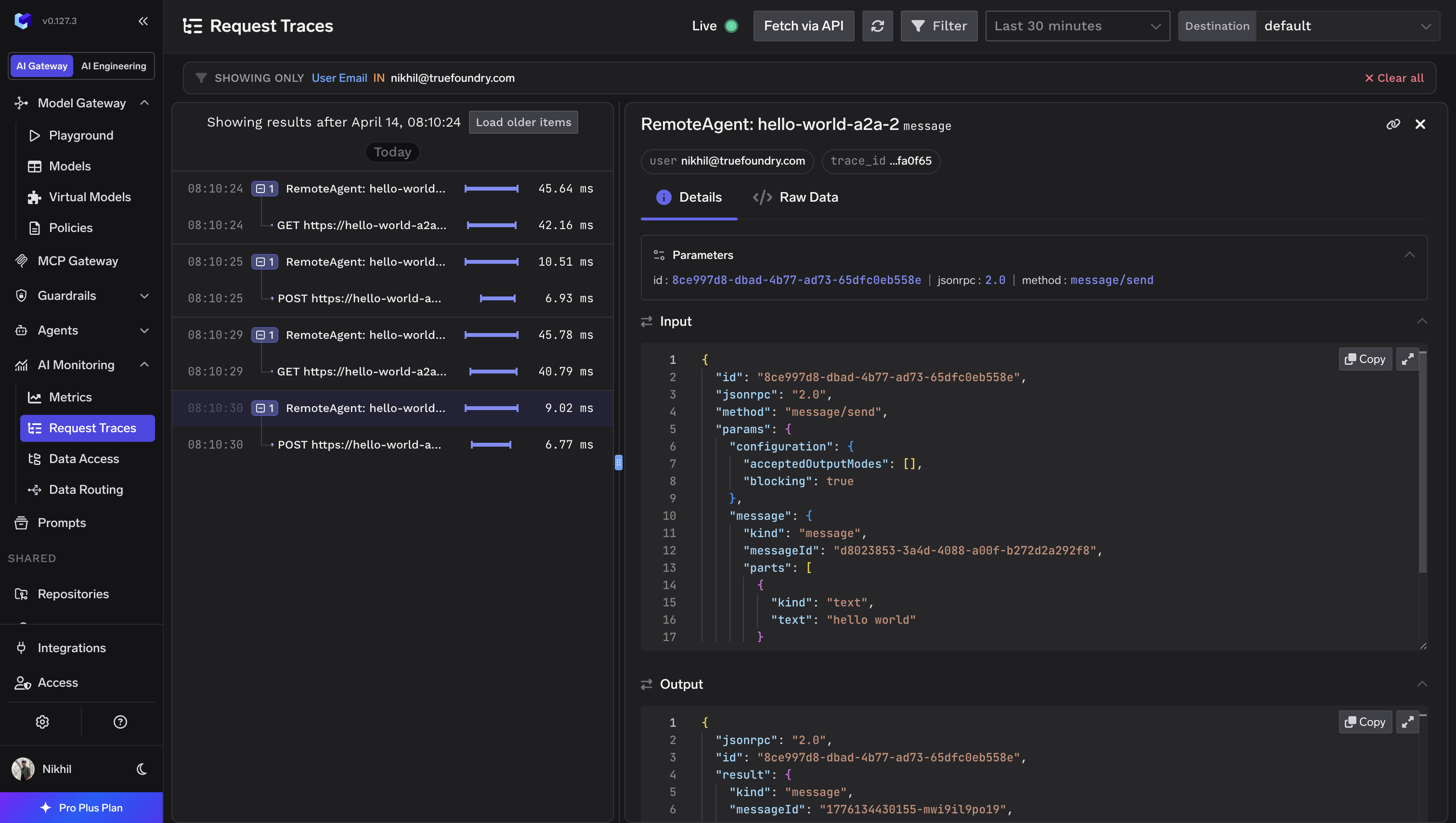 Request Traces for a remote A2A agent showing JSONRPC request and response