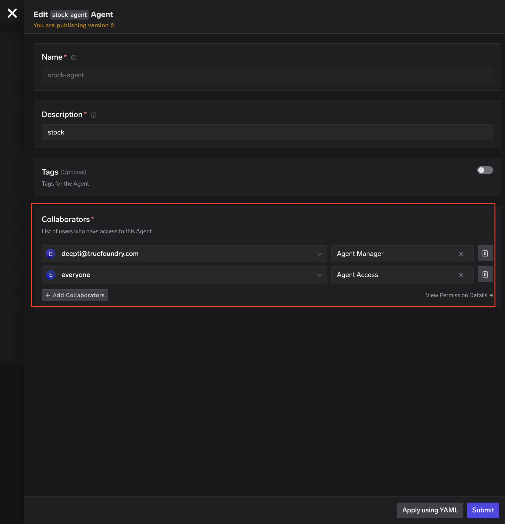 Agent edit form showing name, description, and collaborator access control