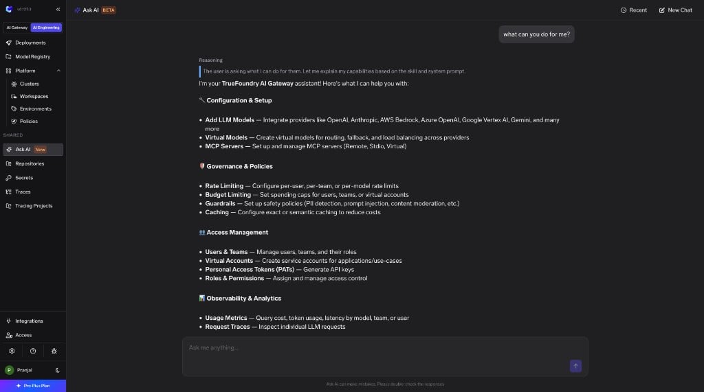Ask AI chat interface showing a list of capabilities including model setup, policies, access management, and observability.