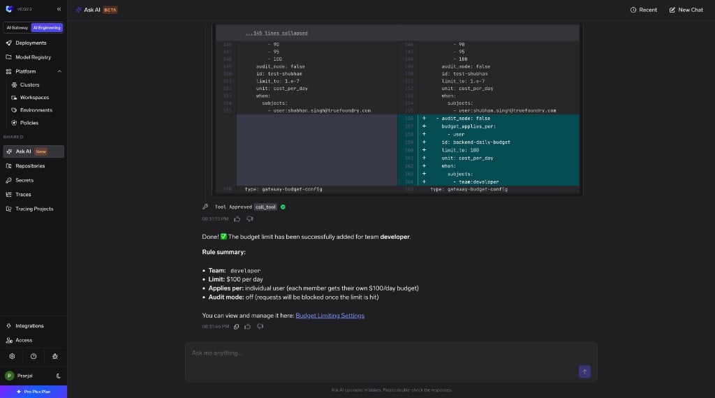 Ask AI showing a completed budget limit operation with a rule summary for the developer team and a link to Budget Limiting Settings.