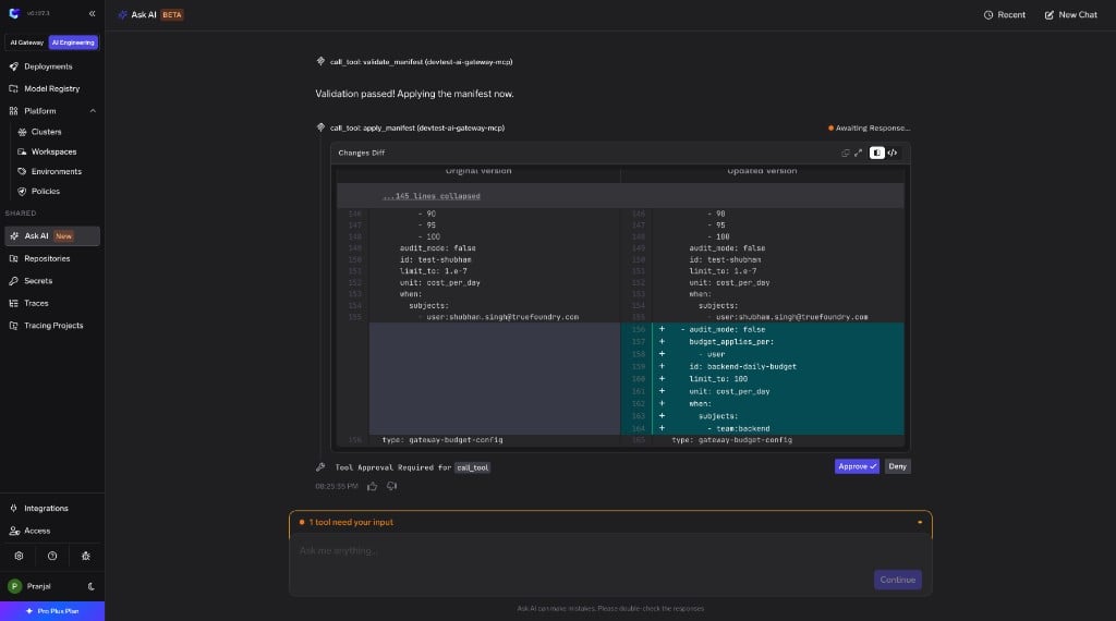 Ask AI showing a Changes Diff with original and updated manifest versions, and an Approve or Deny prompt for the tool call.