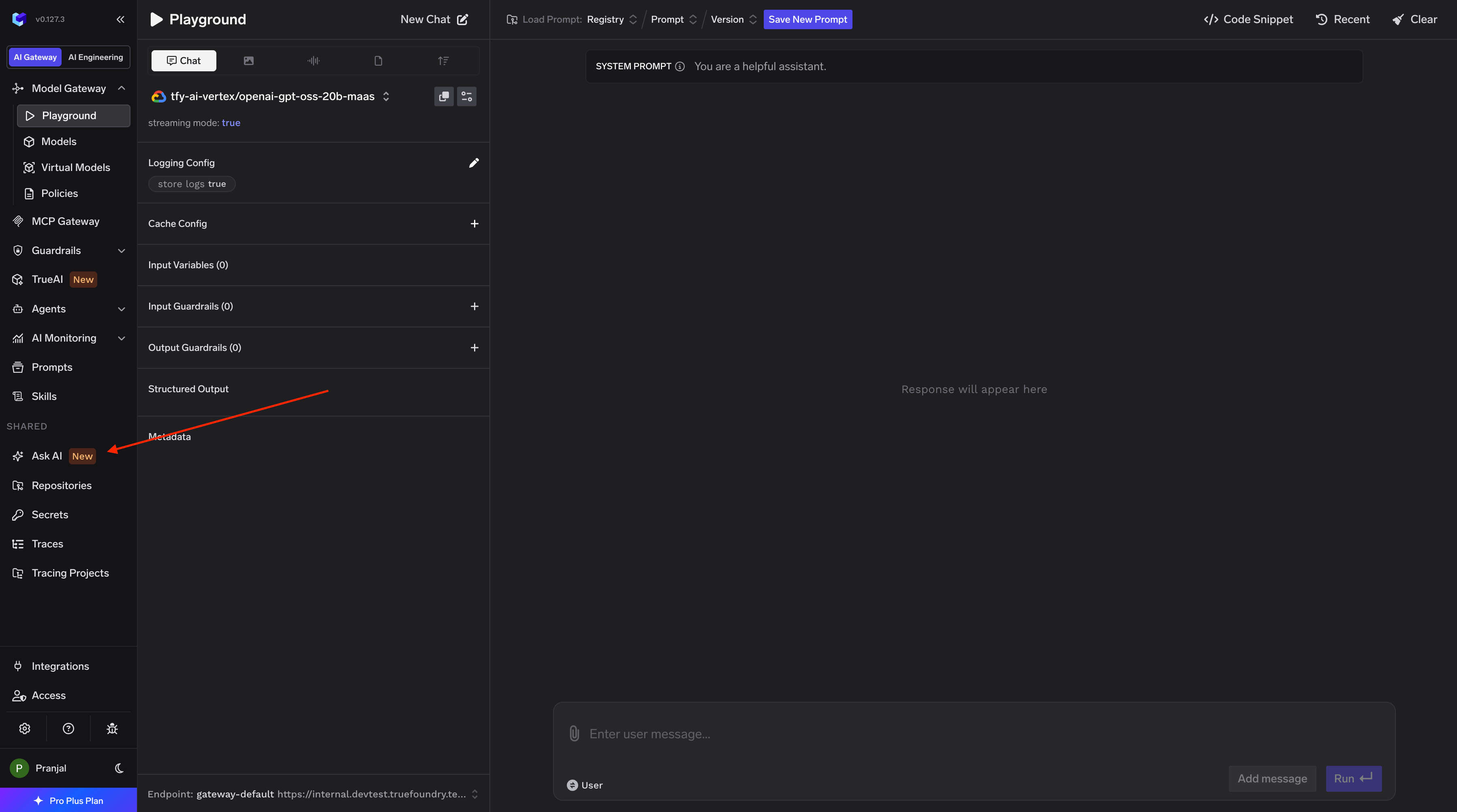 TrueFoundry dashboard sidebar with Ask AI highlighted under the Shared section.