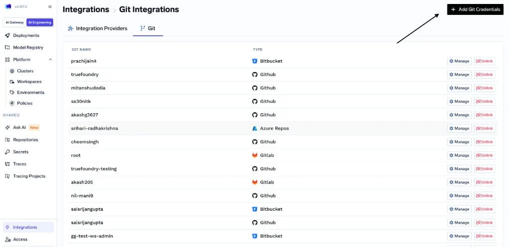 Git Integrations page with the Add Git Credentials button highlighted