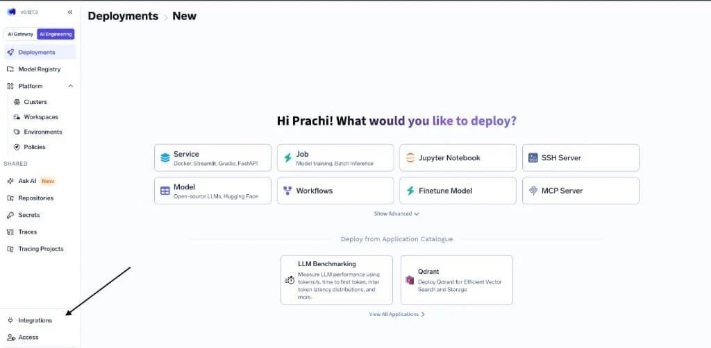 TrueFoundry dashboard sidebar with Integrations highlighted
