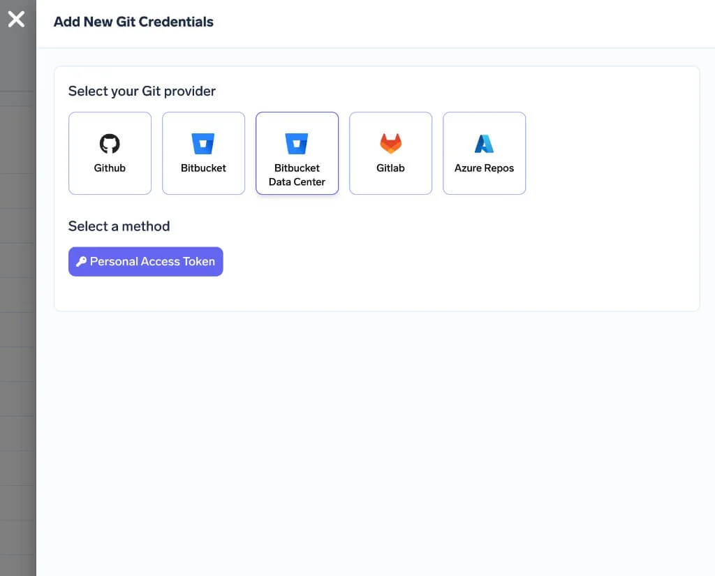 Authentication method selection with Personal Access Token highlighted