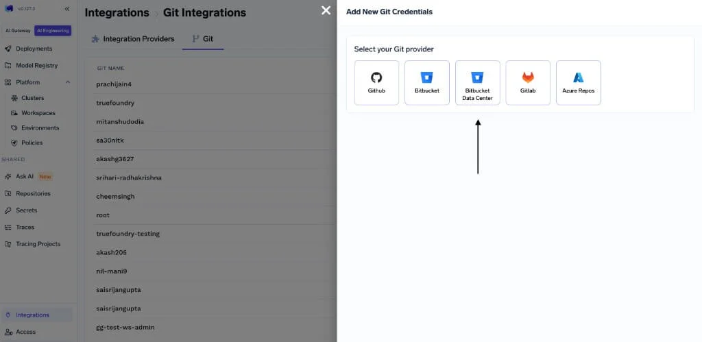 Add New Git Credentials panel showing Bitbucket Data Center selected among Git provider options