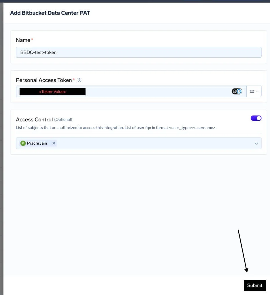 Add Bitbucket Data Center PAT form with Name, Personal Access Token, and Access Control fields