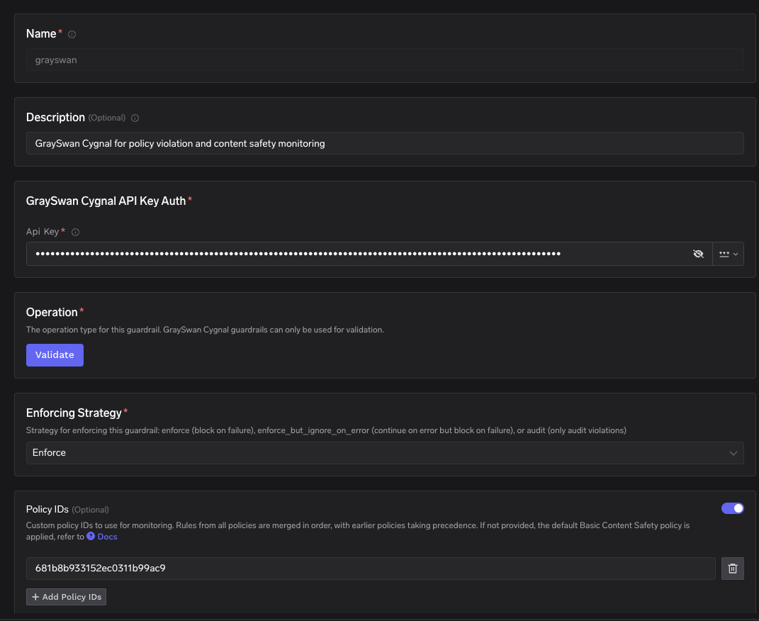 TrueFoundry interface for configuring GraySwan Cygnal with fields for name, description, API key, operation, enforcing strategy, and policy IDs
