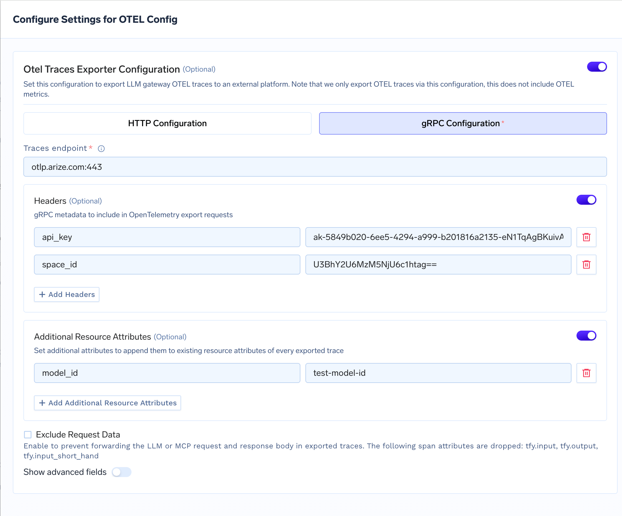 TrueFoundry OTEL Config page showing gRPC configuration with Arize endpoint, api_key and space_id headers, and model_id resource attribute