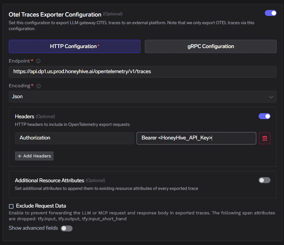 TrueFoundry OTEL Traces Exporter Configuration for HoneyHive with HTTP endpoint, Json encoding, and Authorization header