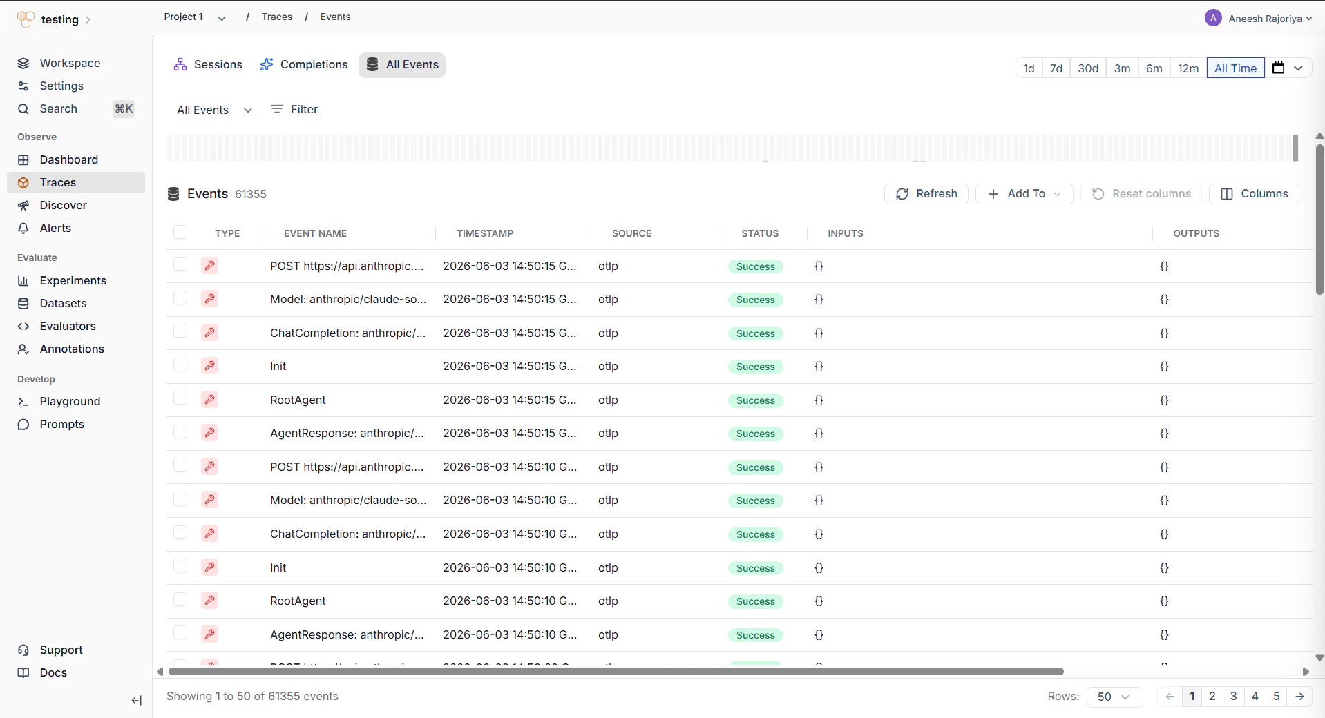 HoneyHive Traces Events table showing otlp-sourced events from TrueFoundry AI Gateway