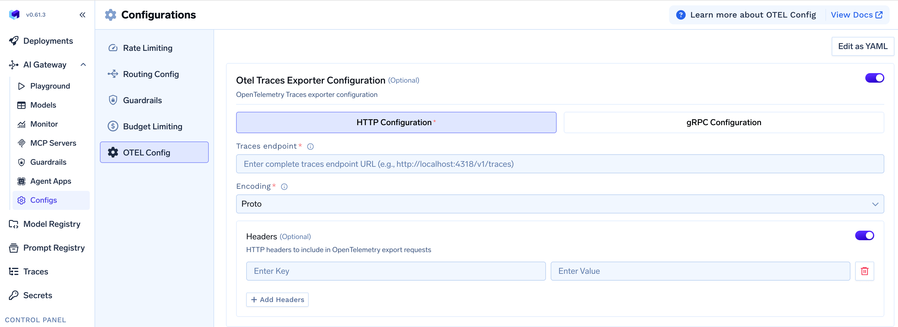 OpenTelemetry Config form for exporting spans to existing OTEL platform
request with spans