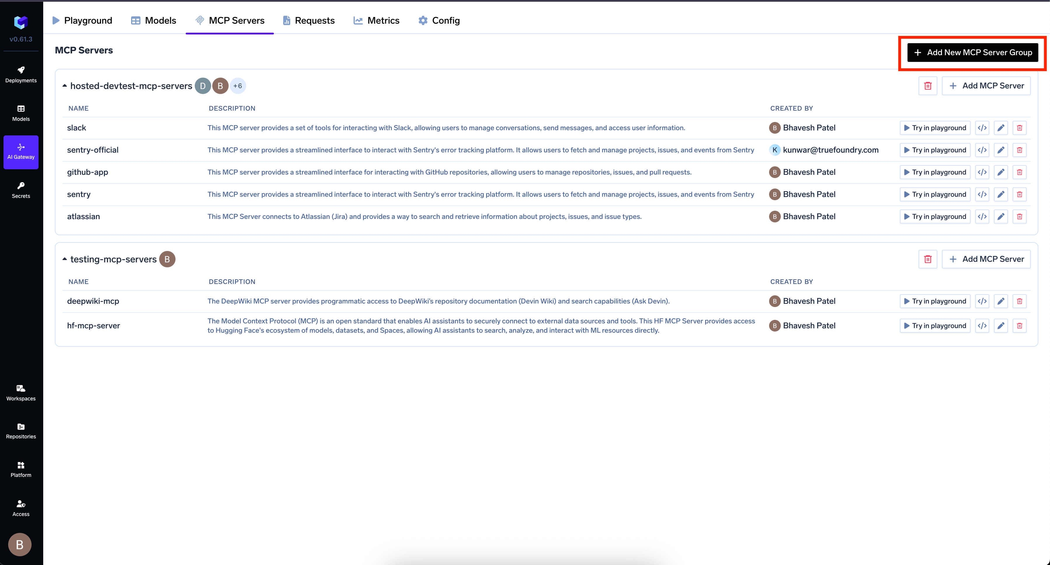 MCP Server Groups interface in TrueFoundry AI Gateway