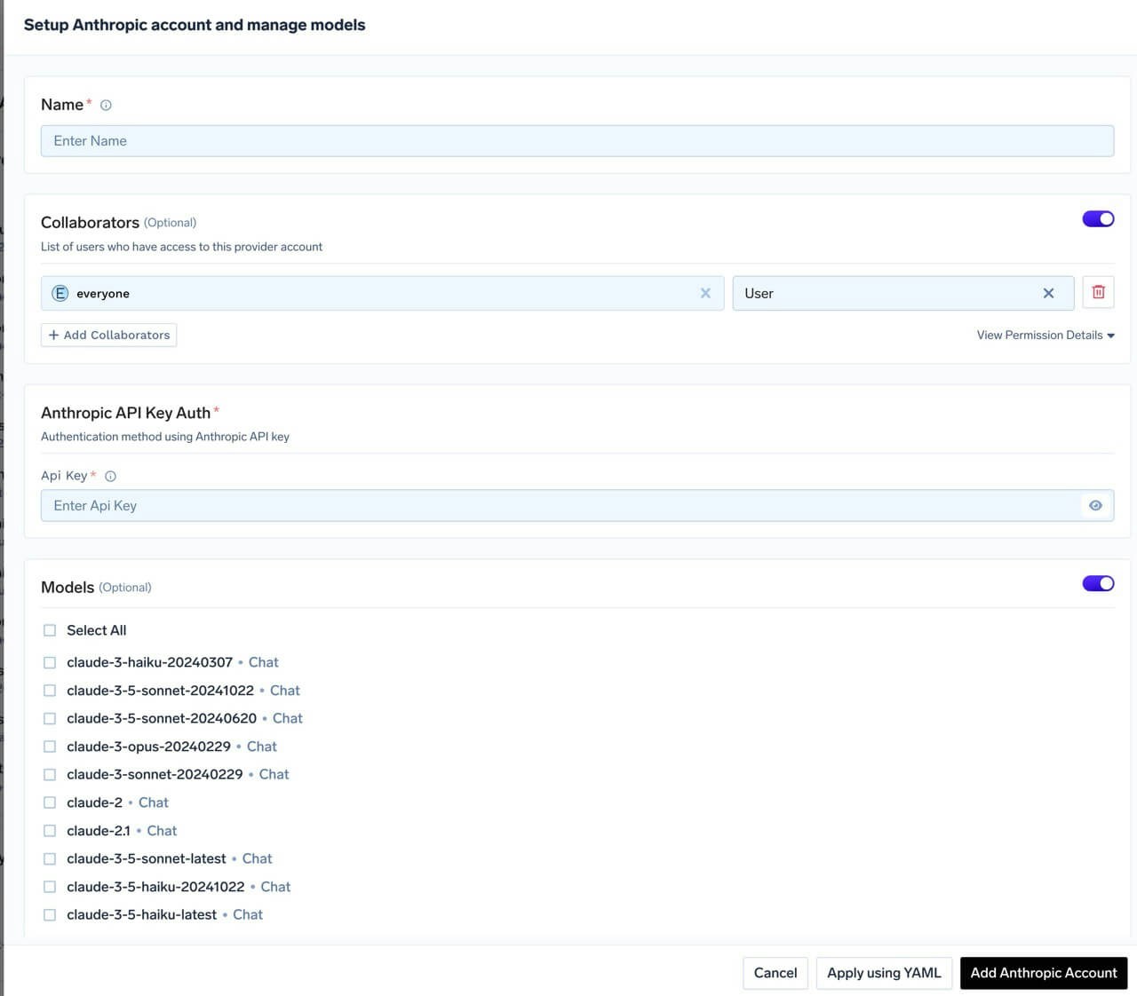 Anthropic account configuration form with fields for API key and collaborators