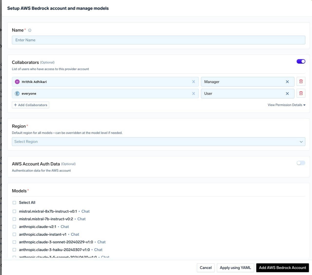 AWS Bedrock account configuration form with fields for API key and collaborators
