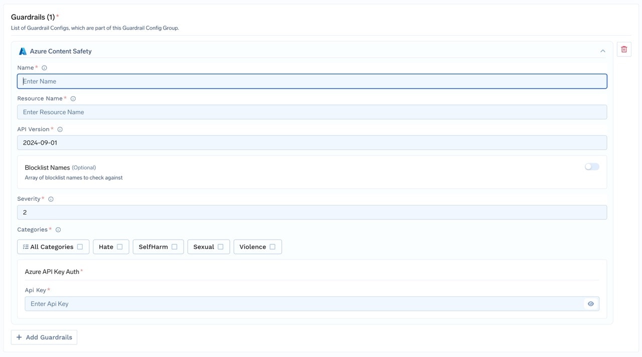TrueFoundry interface for configuring Azure Content Safety Guardrail with fields for name, resource name, API version, severity threshold, and categories