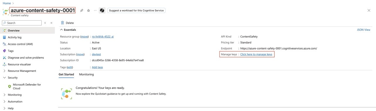 Azure Portal showing Content Safety resource overview with Manage Keys and Resource Name highlighted