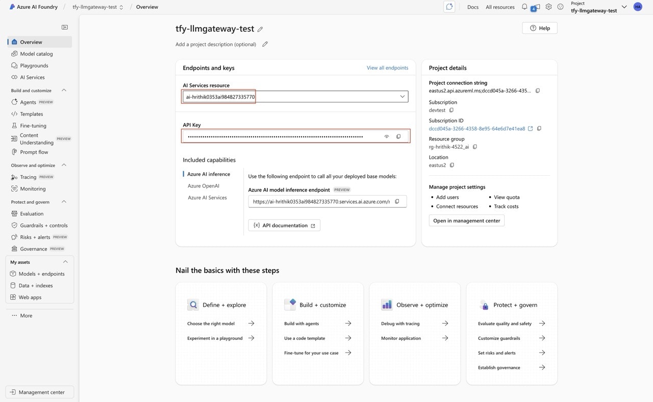 Azure AI Foundry portal showing API Key and Service Endpoint in the Overview section