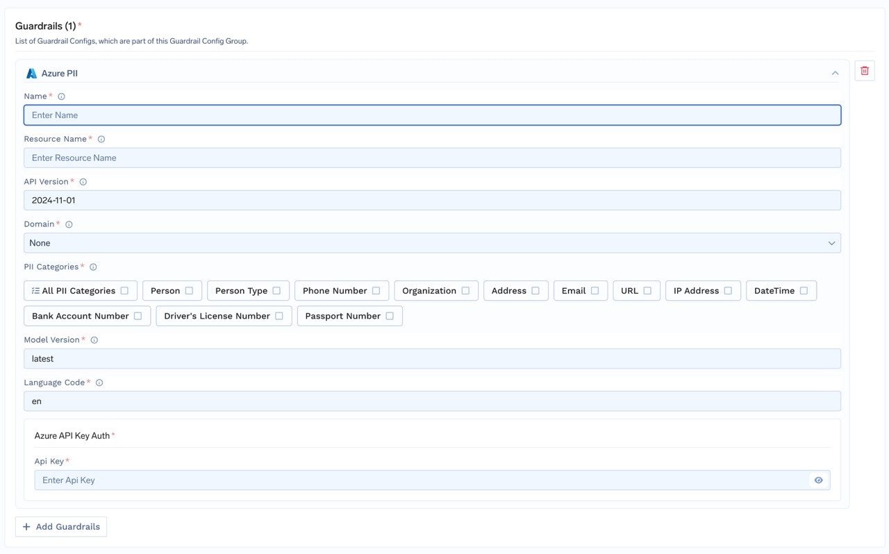 TrueFoundry interface for configuring Azure PII Guardrail with fields for name, resource name, API version, PII categories, and authentication