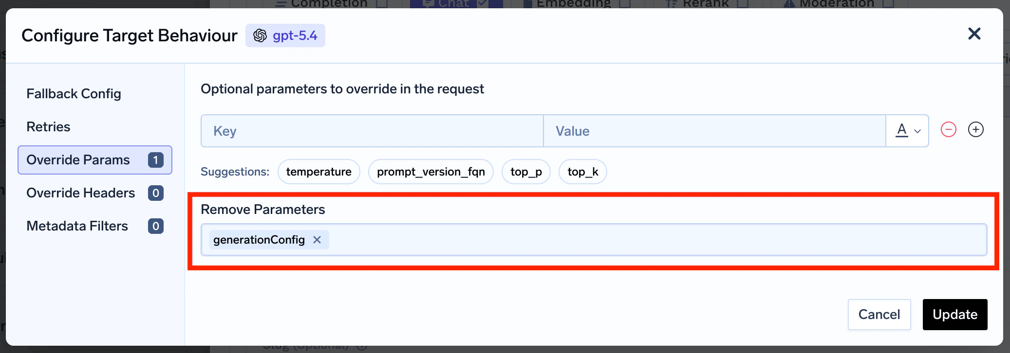 Configure remove params