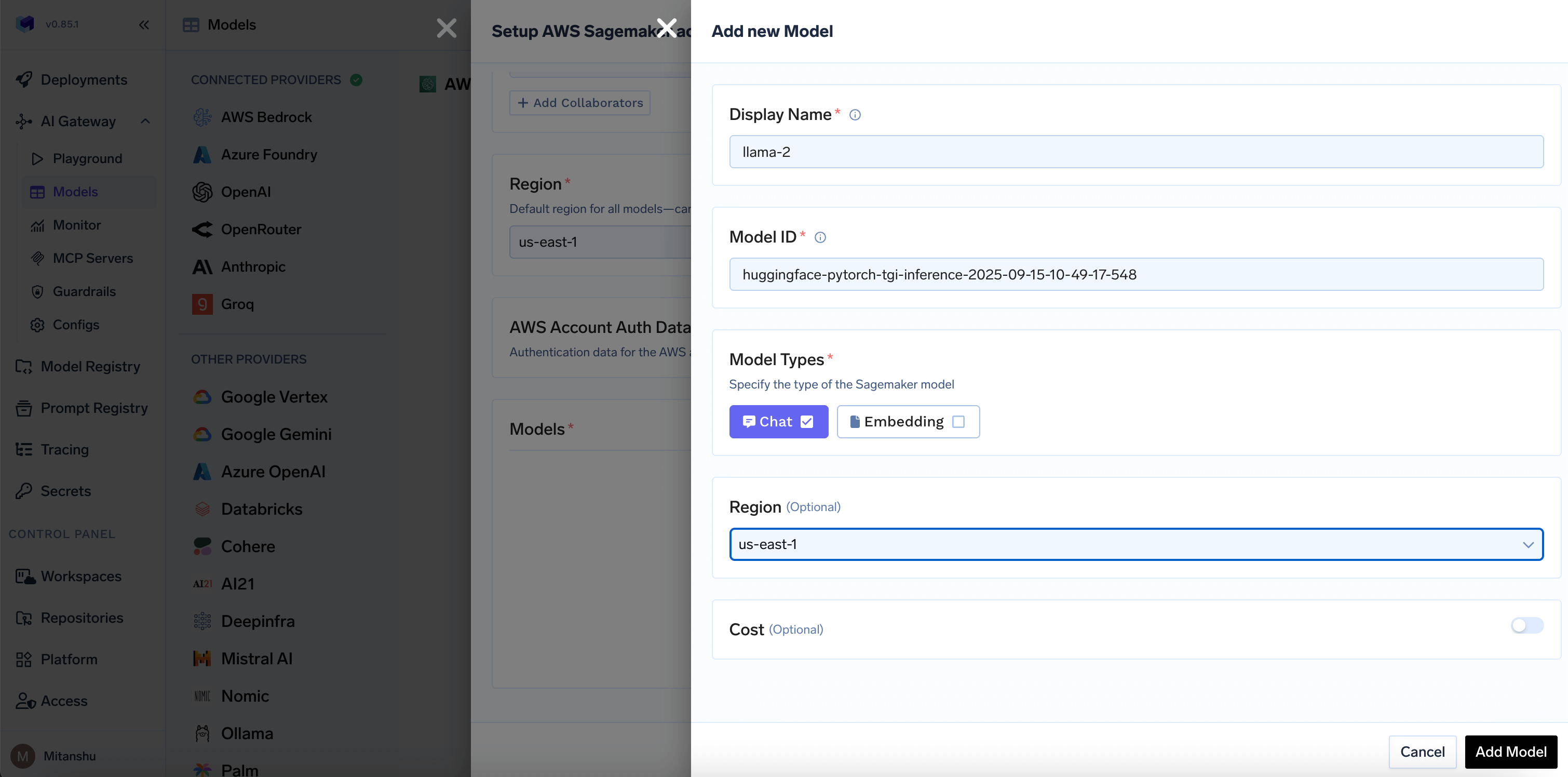 Sagemaker model configuration form in TrueFoundry with fields for model name, model ID and region