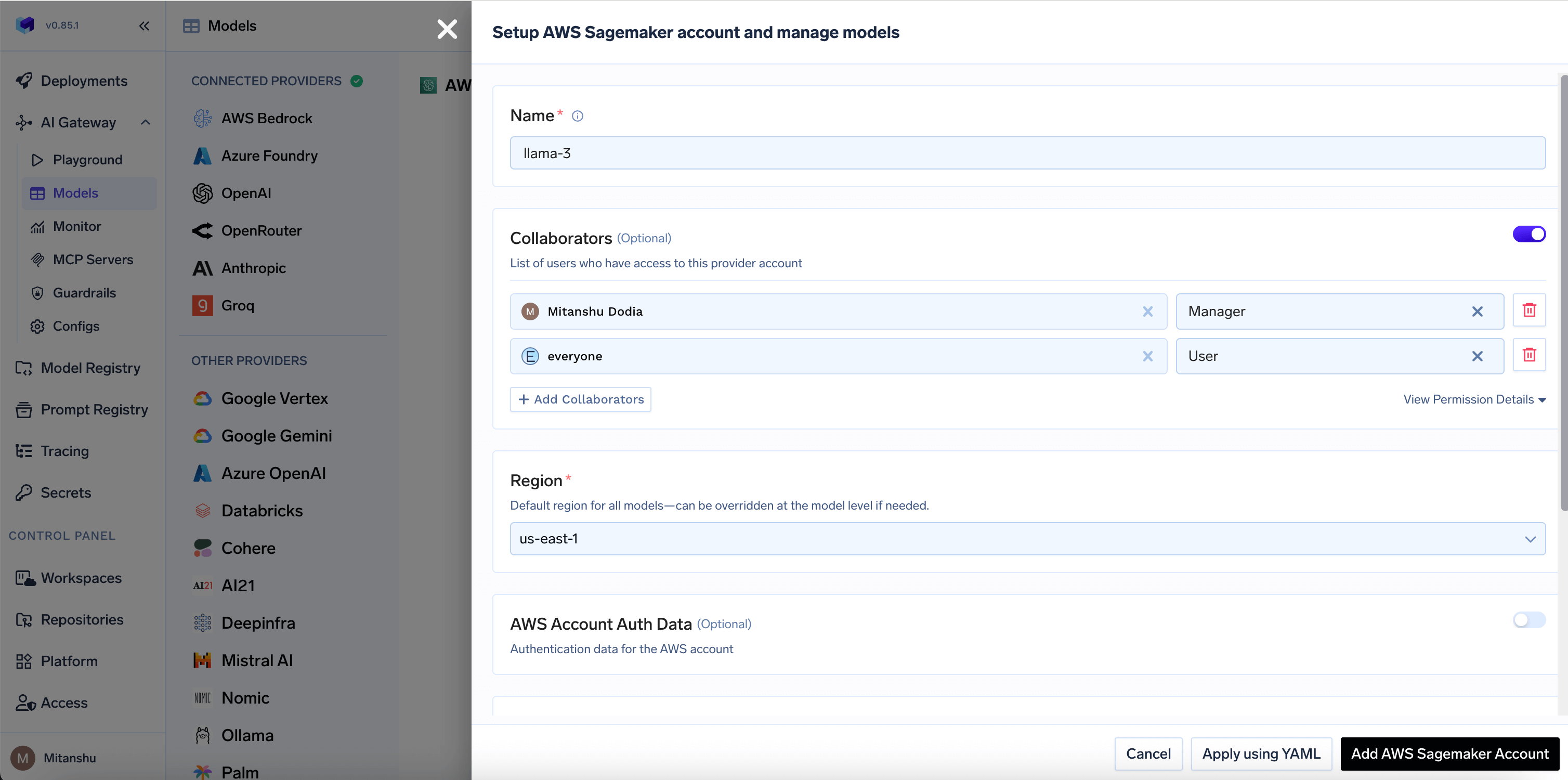 AWS Sagemaker account configuration form with fields for API key and collaborators