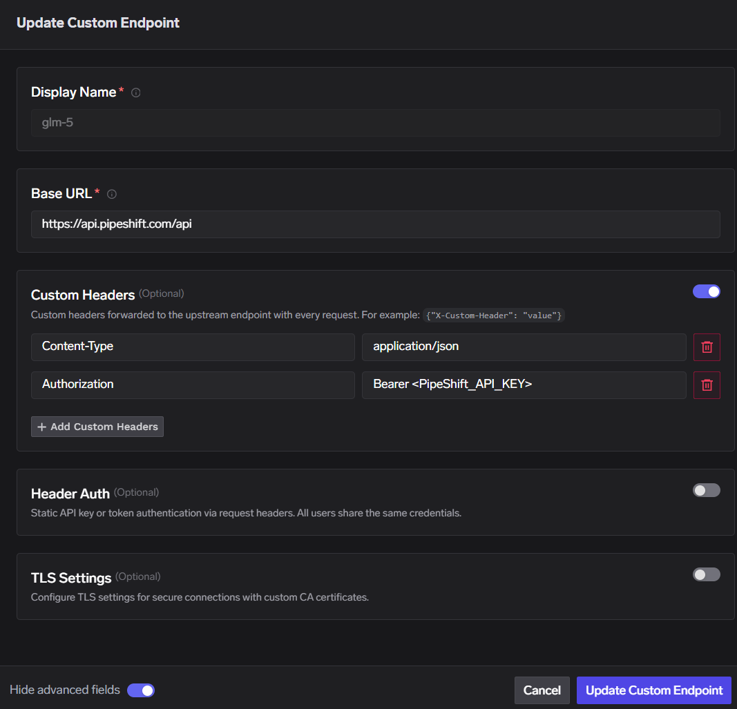 Custom Endpoint form for PipeShift with Base URL and custom headers