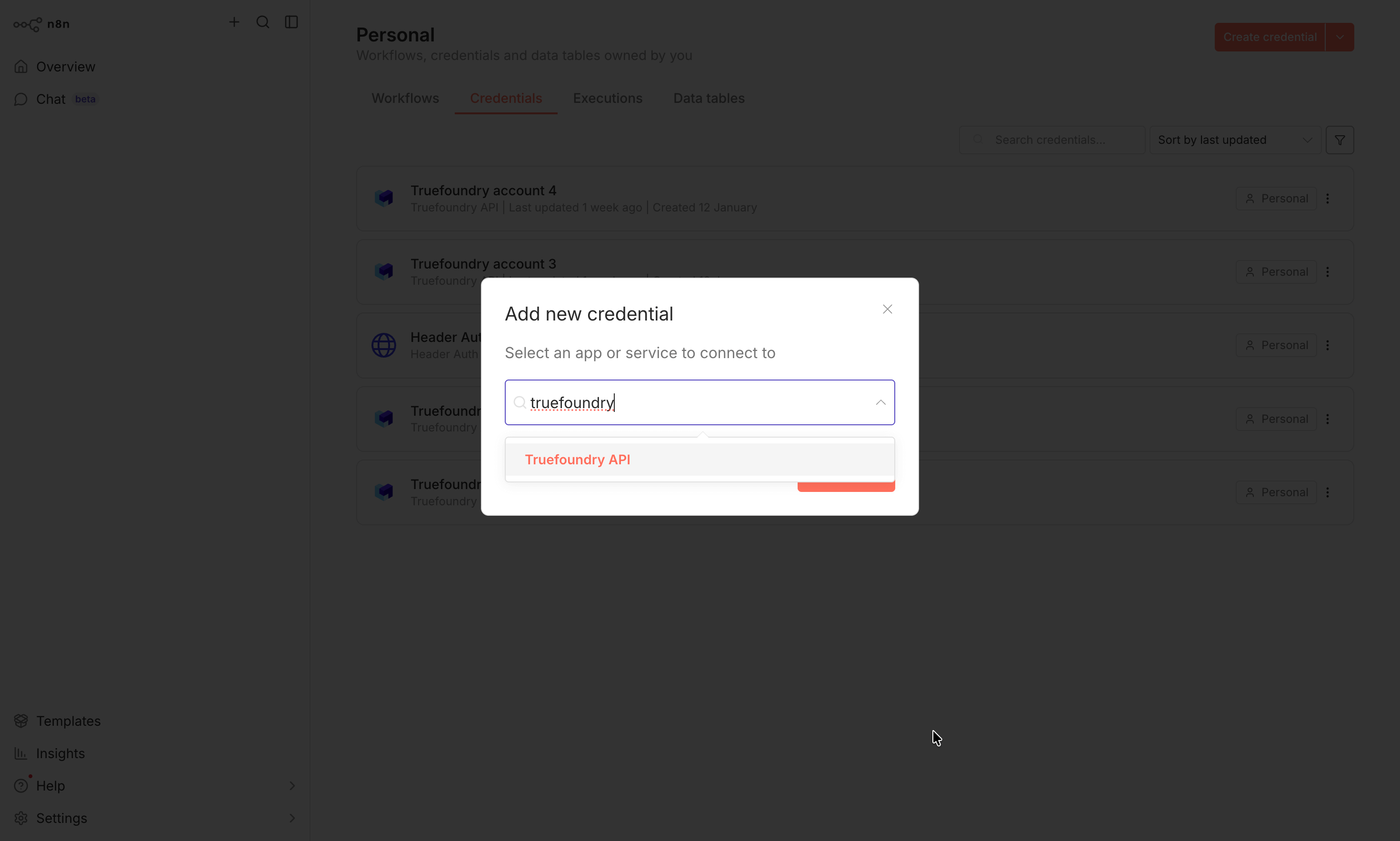 n8n dashboard showing how to create a new tfy credential