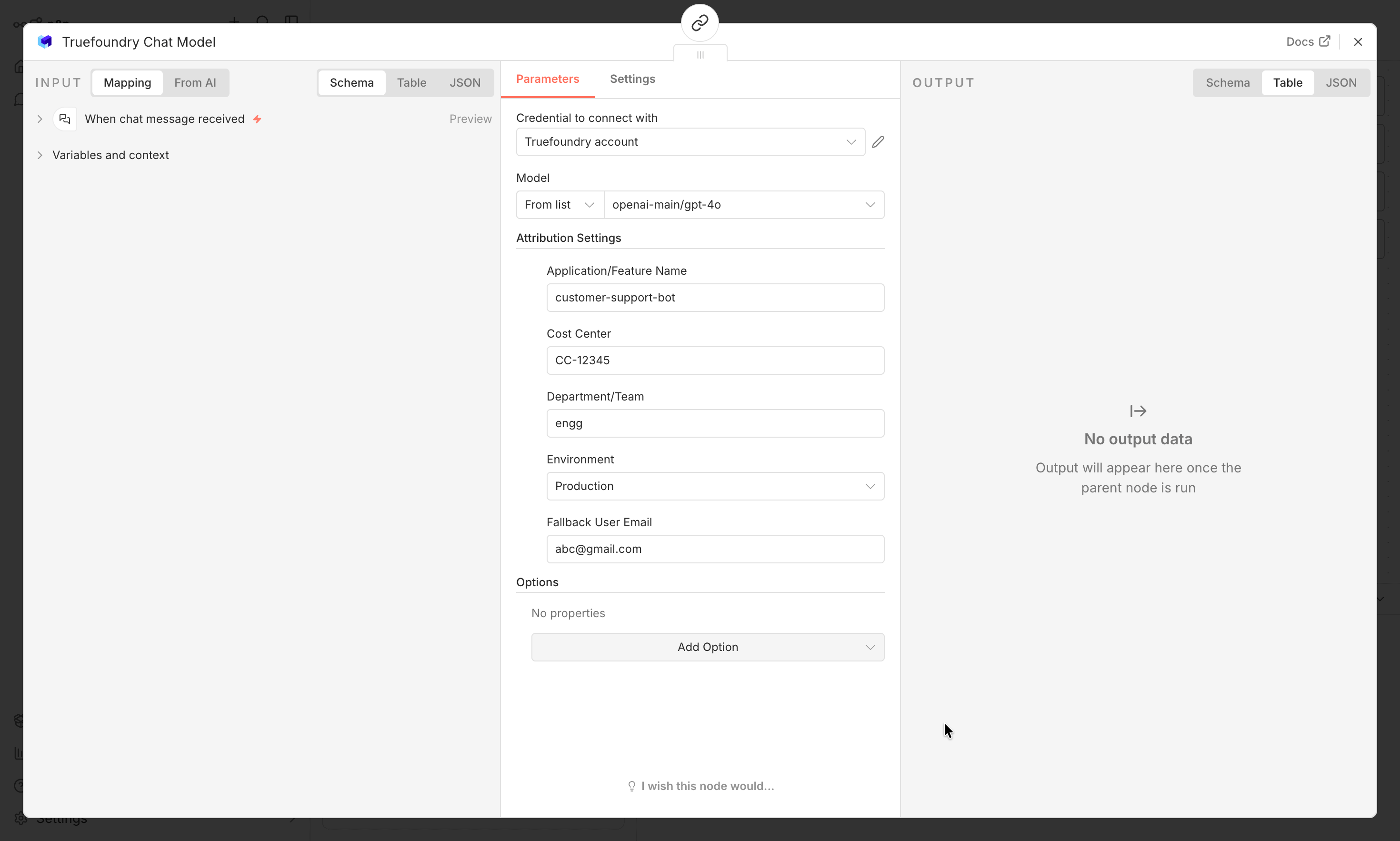 n8n TrueFoundry Chat Model configuration showing model selection and attribution settings