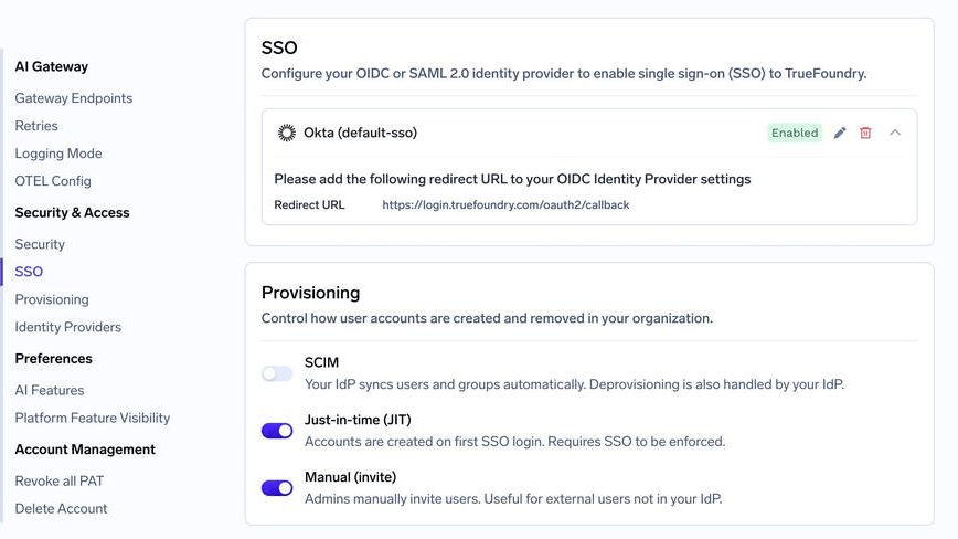 Provisioning settings showing SCIM, Just-in-time, and Manual (invite) toggles below the SSO configuration