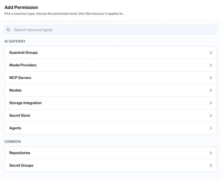 Add Permission dialog listing resource types grouped under AI Gateway and Common