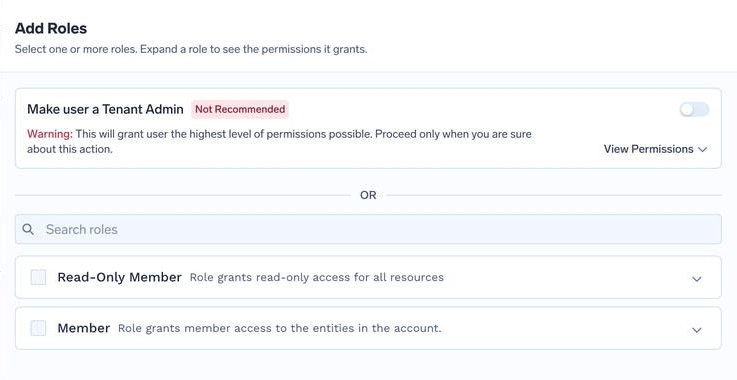 Add Roles dialog with a tenant admin toggle marked Not Recommended, and Read-Only Member and Member roles