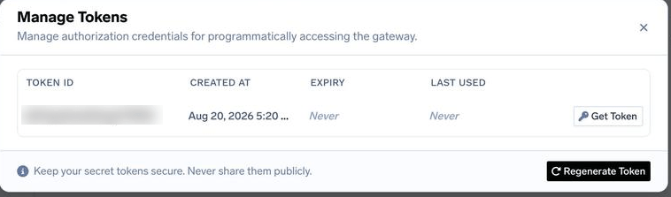 Manage Tokens dialog listing token ID, creation time, expiry and last used, with Get Token and Regenerate Token actions