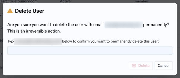 Delete User confirmation dialog requiring the user's email to be typed