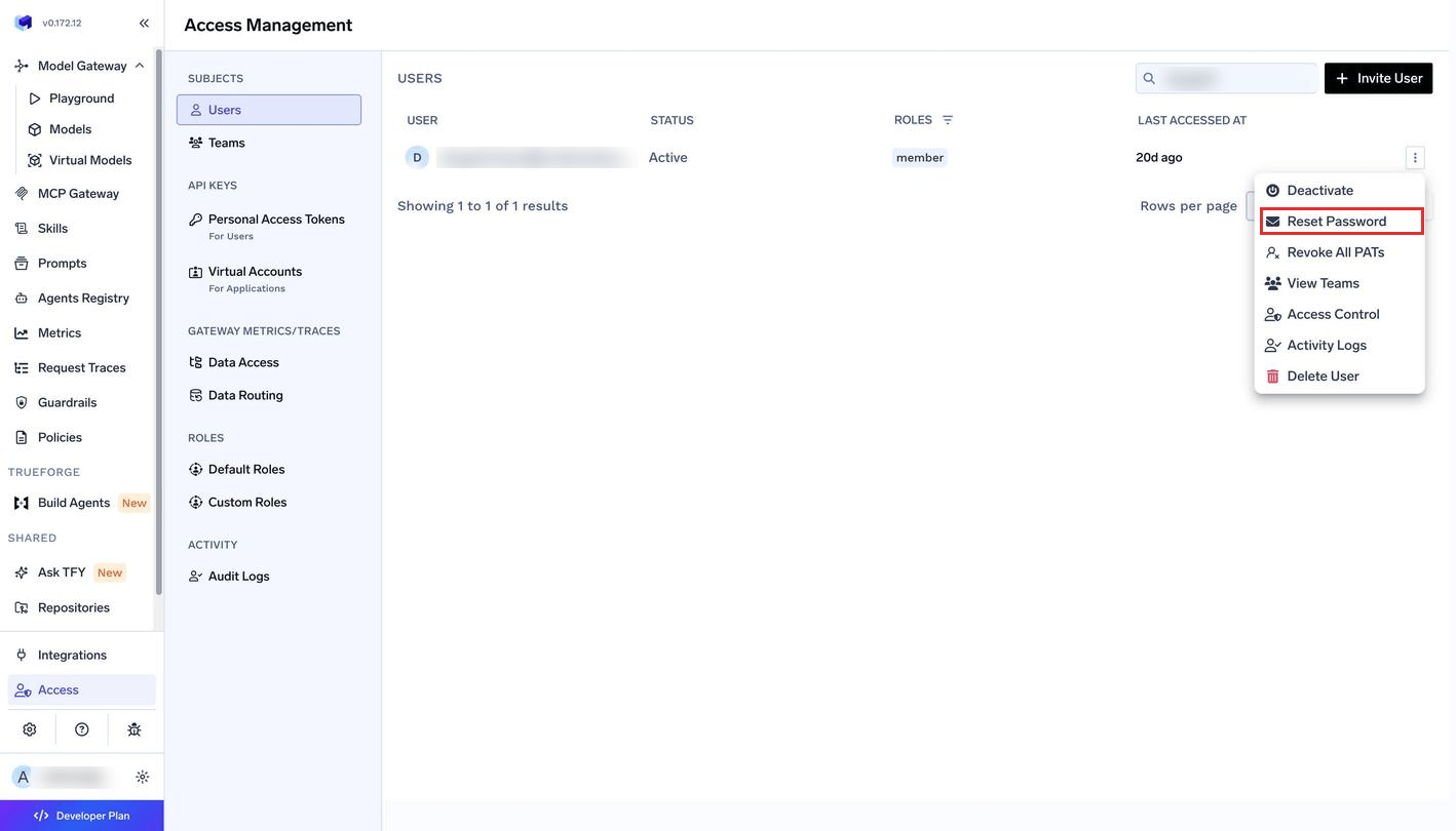 Row actions menu on a user showing Deactivate, Reset Password, Revoke All PATs, View Teams, Access Control, Activity Logs and Delete User
