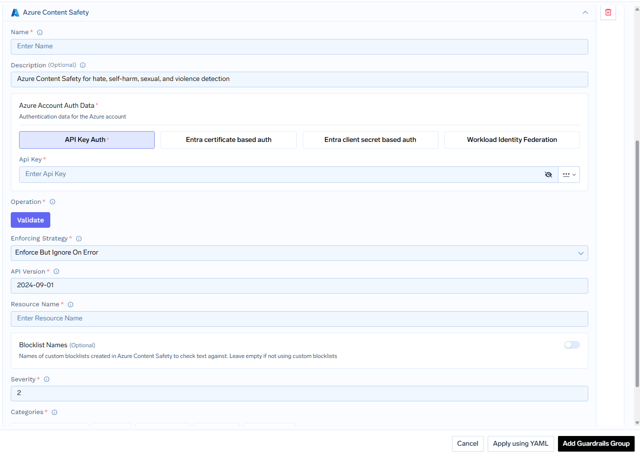 TrueFoundry interface for configuring Azure Content Safety Guardrail with fields for name, resource name, API version, severity threshold, and categories