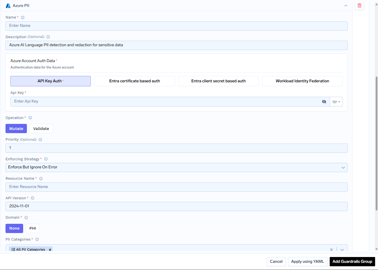 TrueFoundry interface for configuring Azure PII Guardrail with fields for name, resource name, API version, PII categories, and authentication
