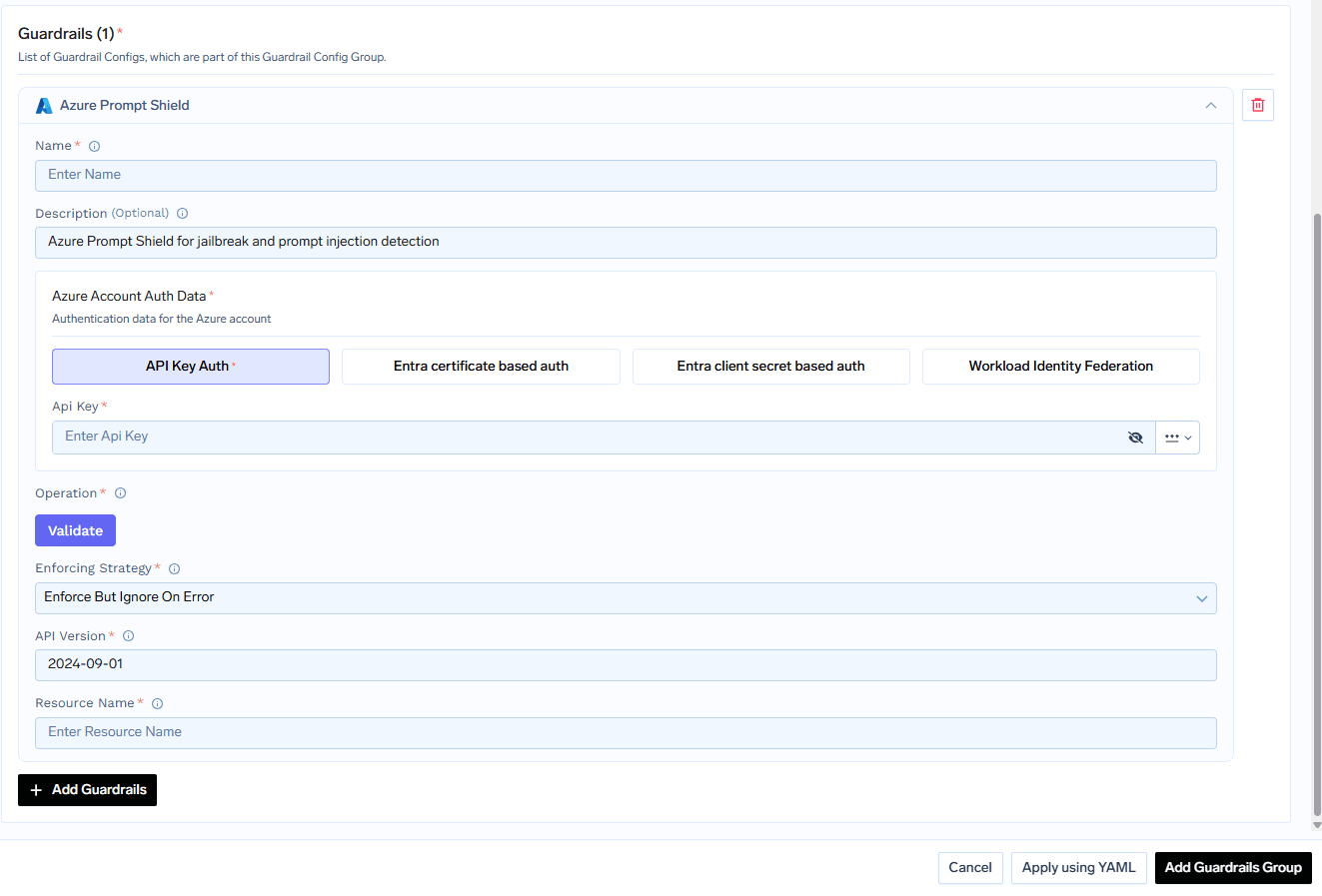 TrueFoundry interface for configuring Azure Prompt Shield with fields for name, resource name, API version, and authentication