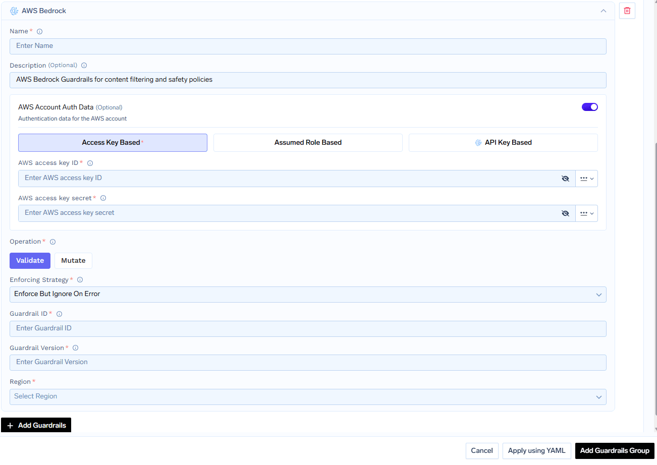 AWS Bedrock guardrail configuration form with auth, operation, guardrail ID, version, and region fields
