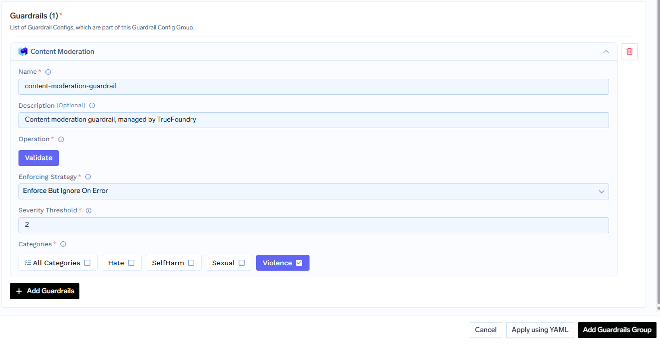 Content Moderation configuration form showing severity threshold and category selection
