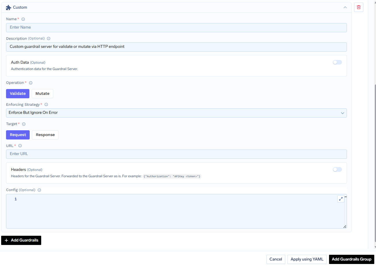 Custom Guardrail configuration form in dashboard